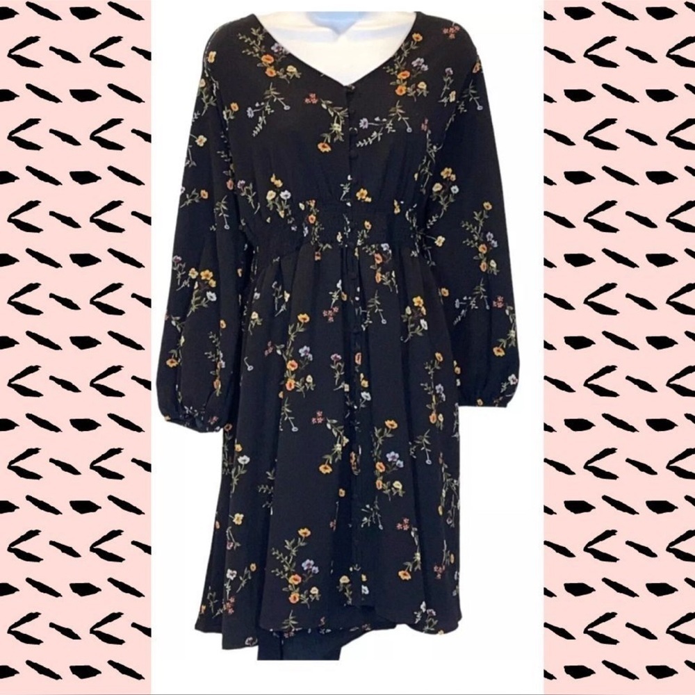 Always Indigo Floral Boho Dress 2X Black Smocked Waist Button Front Fall Midi - Picture 9 of 9